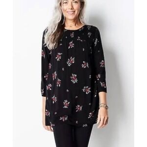 JJILL Black Floral Smocked Neck 3/4 Sleeve Tunic Top Women's Size L